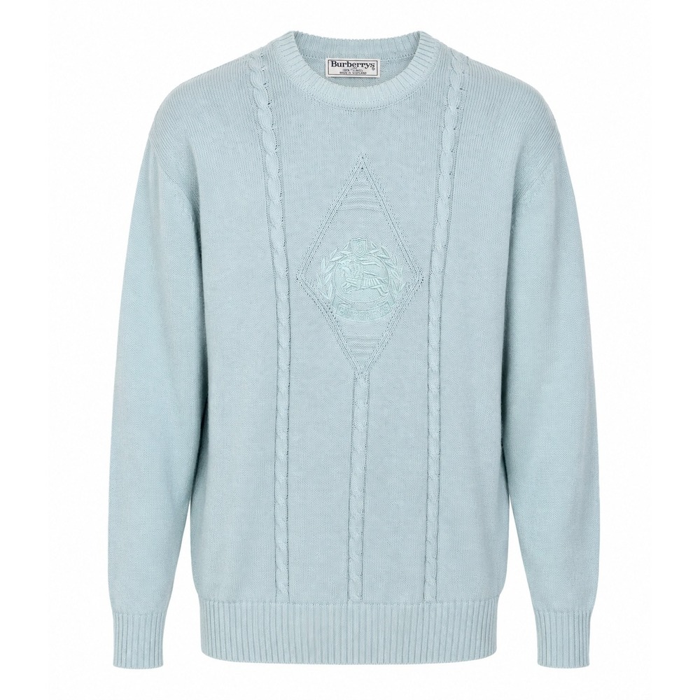 Burberrys Vintage Mens Baby Blue Wool Cable Knit Crest Logo Sweater England
